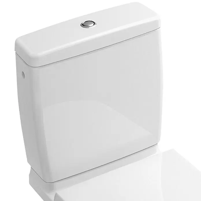 Villeroy & Boch O.novo Spülkasten - Ohne Spezialglasur, Keramik, 16 x 39 x 41 cm - Nahaufnahme eines weißen Toilettenspülkastens mit silbernem Spülknopf auf einem schwarzen Hintergrund.