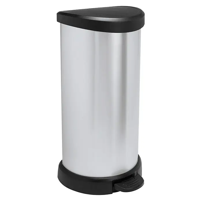 Cubo de basura Cozinha - 40 l, Plástico, Negro/Gris - Papelera delgada de pedal plateada con tapa negra. Ideal para baño o cocina, ofreciendo estilo y funcionalidad. Compacta y práctica.