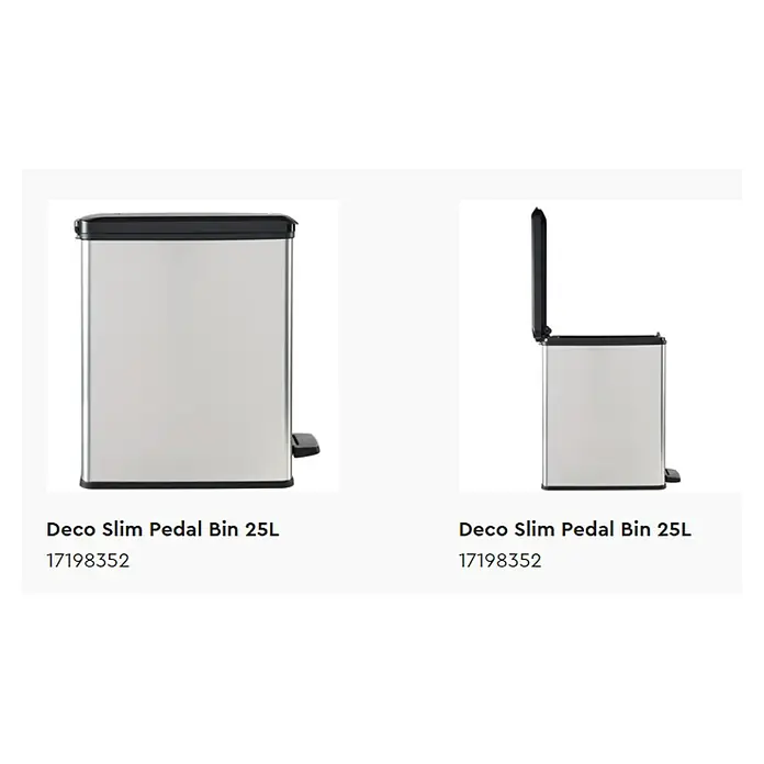 Cubo con pedal Slim bin - 25 l, Plástico, Negro/Gris - El cubo Deco Slim Pedal Bin 25L: Un cubo de basura elegante de color plata con tapa negra, perfecto para baños o cocinas modernos.