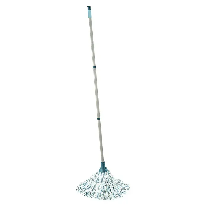 Leifheit Set de limpieza Classic - 12 l, Azul - Una fregona con un mango gris y un cabezal de fregona redondo blanco con detalles azules.