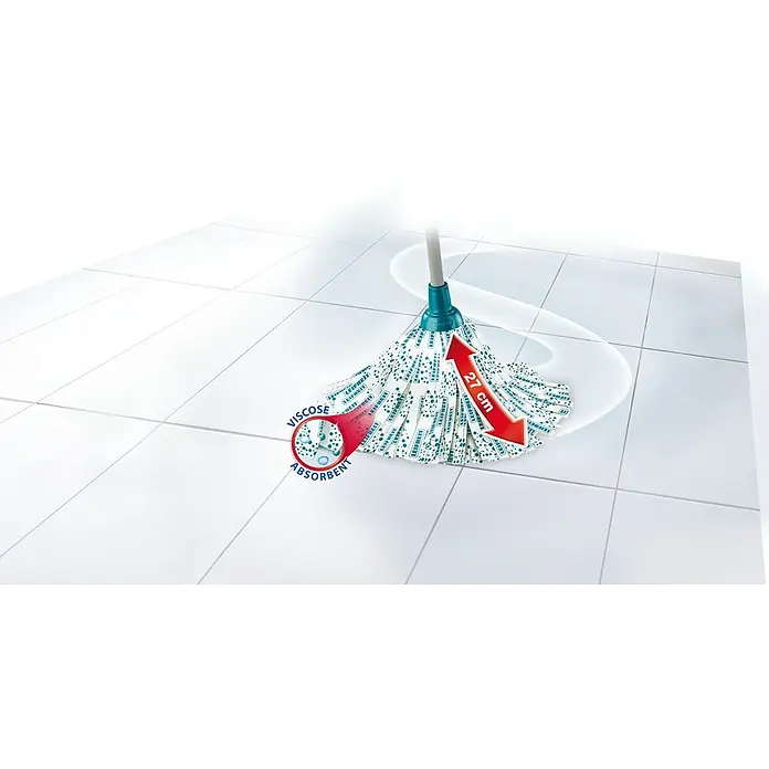 Leifheit Set de limpieza Classic - 12 l, Azul - Esta imagen muestra una fregona LEIFHEIT con viscosa súper absorbente, ideal para limpiar pisos de baldosas de manera eficiente.