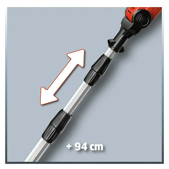 Einhell PXC 18V Podadora telescópica de batería GE-LC 18 Li T-Solo - 18 V, Iones de litio, Sin batería, Longitud de corte: 17 cm - Imagen de un poste extensible de cortasetos que muestra el ajuste de longitud variable para un alcance óptimo en tareas de poda.