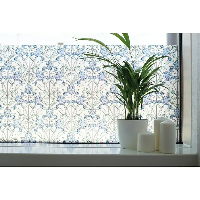 D-c-fix Lámina adhesiva translúcida - An x Al: 45 x 200 cm, Estampado azul - Película decorativa para ventanas con un patrón floral azul, que proporciona privacidad y añade un toque elegante a la habitación.