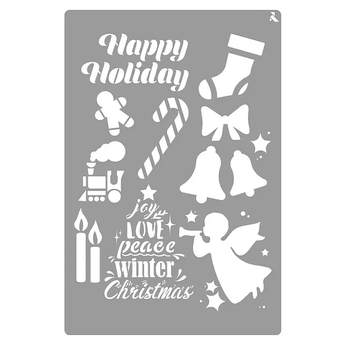 La Pajarita Plantilla decorativa Stencil Happy holiday - Navidad, 20 x 30 cm, Plástico - Plantilla navideña con elementos festivos como campanas, un bastón de caramelo y un ángel. Ideal para crear tarjetas y decoraciones en Navidad.