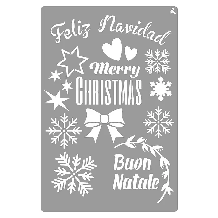 La Pajarita Plantilla decorativa Stencil Buon natale - Navidad, 20 x 30 cm, Plástico - Plantilla navideña con "Feliz Navidad", estrellas, corazones, "Merry Christmas", copos de nieve, lazo y "Buon Natale" para decoraciones festivas.