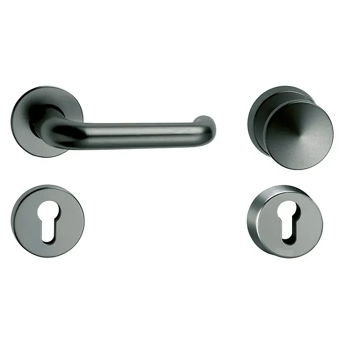 Schutzbeschlag - Hauseingangstür, Aluminium, Profilzylinder PZ, Stärke Tür: 35 mm - 45 mm, Farbe: Stahlgrau - Elegantes Türbeschlagset in Silberoptik. Die Türgriffe und Rosetten sind stilvoll und hochwertig verarbeitet, perfekt für moderne Inneneinrichtungen.