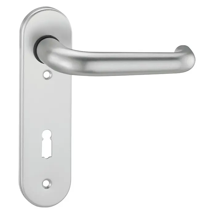 Stabilit Drückergarnitur - Stärke Tür: 35 mm - 45 mm, Aluminium, U-Form - Türgriff mit Langschild in Silber. Der Griff ist horizontal und die Beschläge sind abgerundet und modern gestaltet.