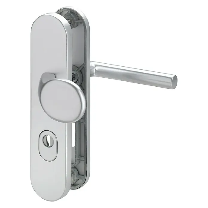 Schutzbeschlag - Hauseingangstür, Aluminium, Profilzylinder PZ, Stärke Tür: 35 mm - 45 mm - Ein silberner Türgriff mit einem schlanken Design und einem integrierten Schließmechanismus. Ideal für moderne Inneneinrichtungen.