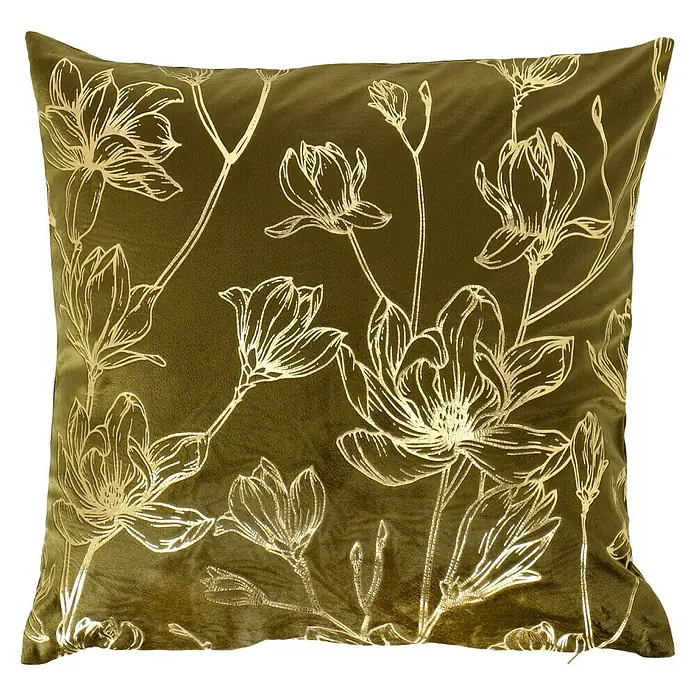 Kissen Fiona - Military Olive, 45 x 45 cm, 100 % Polyester - Dekokissen mit floralem Muster, goldenen Blumen auf olivgrünem Samt, für stilvolle Akzente in Ihrem Wohnraum. Elegantes Design für gemütliche Stunden.