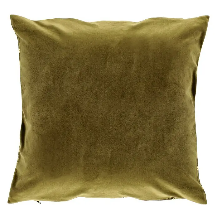 Kissen Fiona - Military Olive, 45 x 45 cm, 100 % Polyester - Nahaufnahme eines quadratischen, olivgrünen Samtkissens, das eine weiche Textur und einen luxuriösen Glanz aufweist. Ideal für stilvolle Wohnräume.