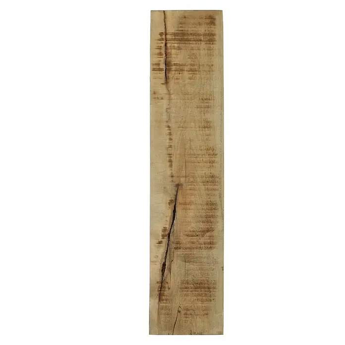 Holzbild - Home, B x H: 18 x 77 cm - Ein helles Holzbrett mit markanter Maserung und einem markanten Riss, ideal für rustikale Möbelprojekte oder dekorative Elemente.