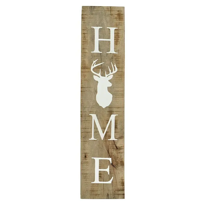 Holzbild - Home, B x H: 18 x 77 cm - Holzschild mit dem Wort "HOME", wobei der Kopf eines Hirsches anstelle des "O" steht, verleiht rustikalen Charme.