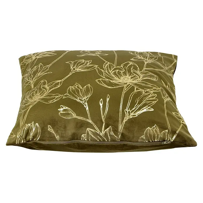 Kissen Fiona - Military Olive, 45 x 45 cm, 100 % Polyester - Nahaufnahme eines rechteckigen Kissens mit floralem Muster und goldenen Akzenten auf schwarzem Hintergrund.
