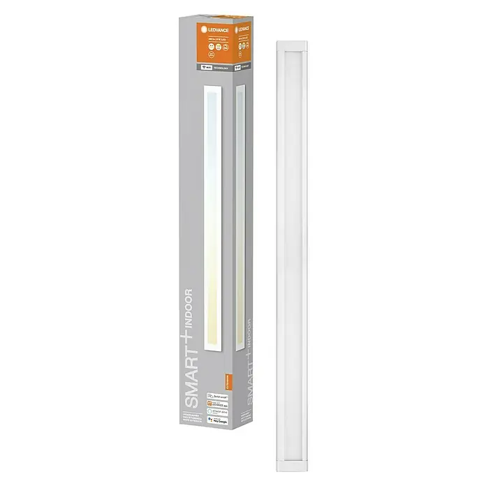 Ledvance Smart+ WiFi LED-Panel Cabinet - L x B x H: 50 x 3,8 x 0,8 cm, 8 W - Eine Ledvance SMART+ Unterbauleuchte Indoor Extension neben ihrer Verpackung. Die Leuchte ist schlank, weiß und für den Innenbereich konzipiert.