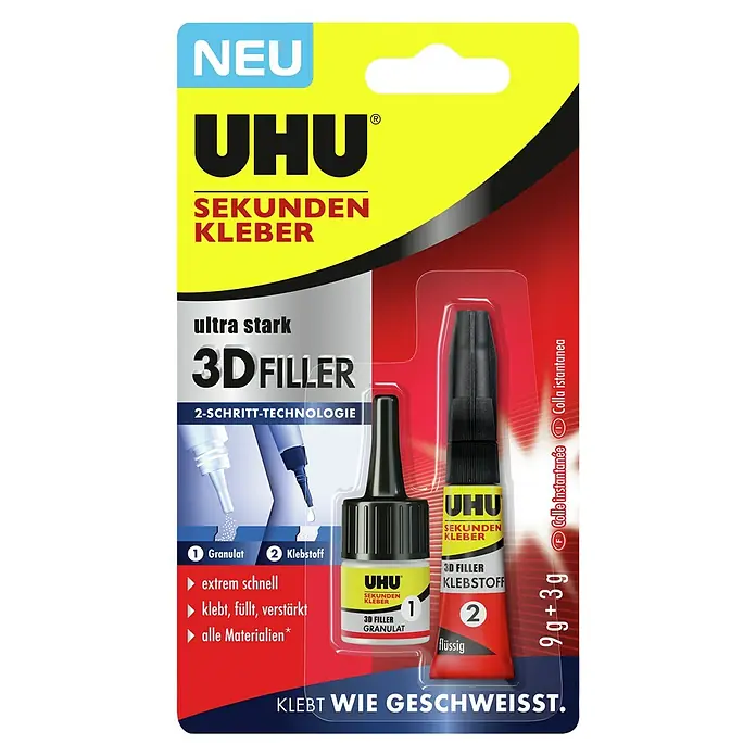 UHU Sekundenkleber 3D Filler - 12 g, Flüssig, Tube - Abbildung von UHU Sekundenkleber 3D Filler, einem schnellhärtenden 2-Komponenten-Klebstoff zum Füllen und Verstärken von Materialien.