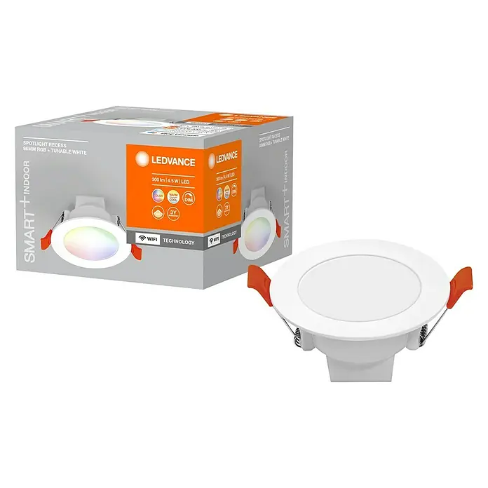 Ledvance LED-Einbauleuchte rund - 4,5 W, Ø x H: 8,6 x 4,8 cm, Mehrfarbig, Farbtemperatur: 2.700 K - 6.500 K, 100 ° - LEDVANCE Smart+ Indoor Spotlight Recess 86mm RGB + Tunable White mit WiFi Technologie und zugehöriger Verpackung.