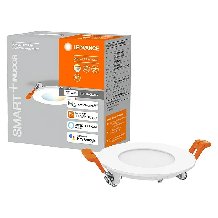 Osram LED-EinbauspotWarmweiß, Durchmesser: 8,5 cm, Weiß - Abbildung des LEDVANCE Smart WiFi Slim Downlight 85mm Tunable White Produkts in seiner Verpackung.