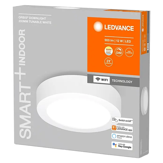 Ledvance Smart+ WiFi LED-Deckenleuchte - 12 W, Warmweiß, Durchmesser: 20 cm - Verpackung der LEDVANCE ORBIS® Downlight 200mm tunable white. Smartes, dimmbares LED-Panel für den Innenbereich mit WiFi-Technologie.