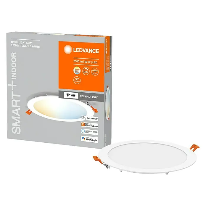Ledvance LED-Einbauleuchte rund - 22 W, Ø x H: 22,5 x 2,5 cm, Mehrfarbig - Produktansicht des LEDVANCE Downlight Slim 225mm Tunable White, einer intelligenten Innenraumleuchte mit WiFi-Technologie und Dimmfunktion.