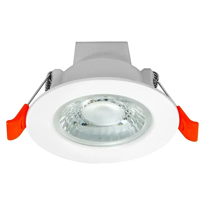 Ledvance LED-Einbauleuchte rund4 W, Ø x H: 8,6 x 4,8 cm, Mehrfarbig, Farbtemperatur: 3.000 K - 6.500 K, 36 ° - Nahaufnahme einer runden, weißen LED-Einbauleuchte mit orangefarbenen Klammern und einem klaren, facettierten Diffusor.