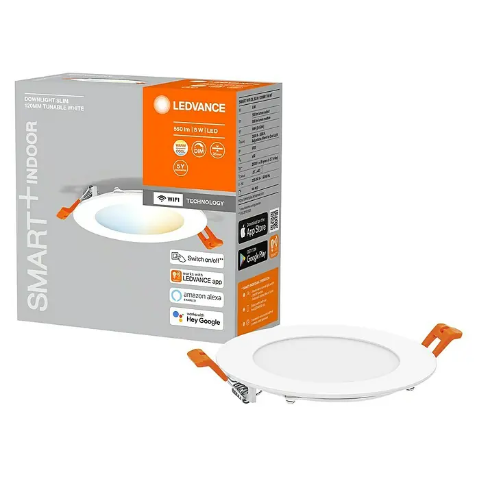 Ledvance LED-Einbauleuchte rund - 8 W, Ø x H: 12 x 2,4 cm, Warmweiß - LEDVANCE Smart WiFi Deckenleuchte Slim, 120mm, tunable white, 8W, 550lm, mit Dimmfunktion und Steuerung per App oder Sprachassistent.