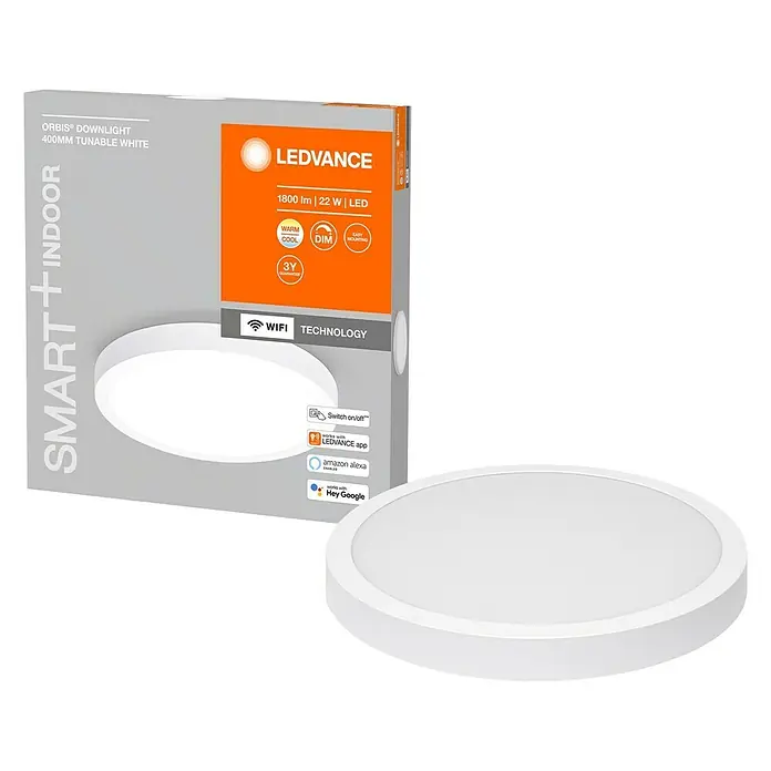Ledvance Smart+ WiFi LED-Deckenleuchte - 22 W, Mehrfarbig, Durchmesser: 40 cm - Nahaufnahme einer LEDVANCE ORBIS® Downlight 400MM Tunable White Smart+Indoor Leuchte und ihrer Verpackung.