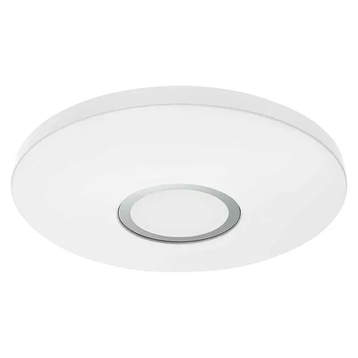 Ledvance LED-Deckenleuchte rund - 18 W, Ø x H: 34 x 8 cm, Weiß, RGBW - Nahaufnahme einer runden, weißen Deckenleuchte mit einem silbernen Ring in der Mitte vor schwarzem Hintergrund.