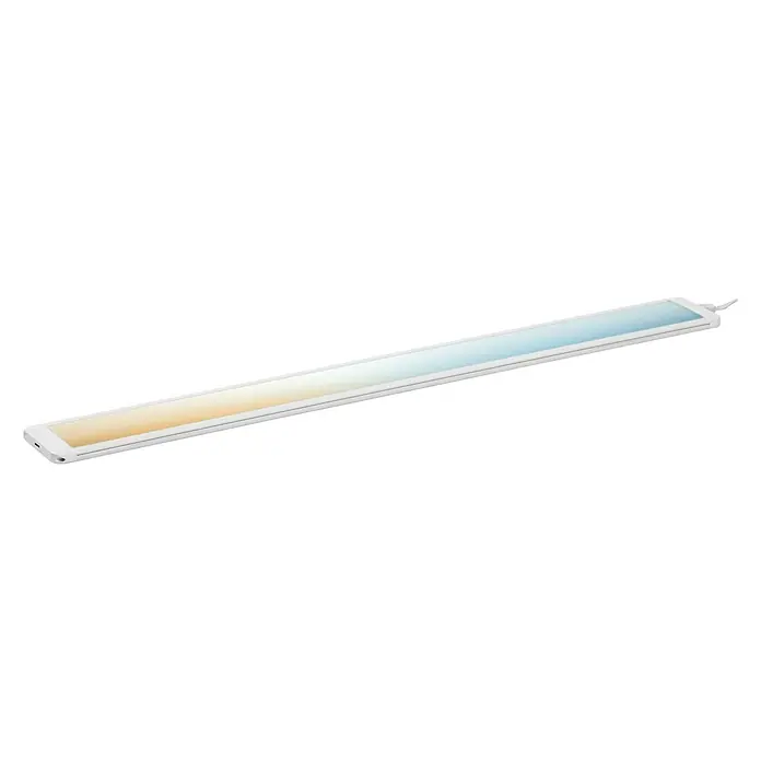 Ledvance LED-Unterbauleuchte12 W, Länge: 60 cm, Lichtfarbe: Mehrfarbig - Dieses Bild zeigt eine längliche, weiße Lichtleiste mit einem Farbverlauf von warmweiß zu kaltweiß, ideal für moderne Innenräume.