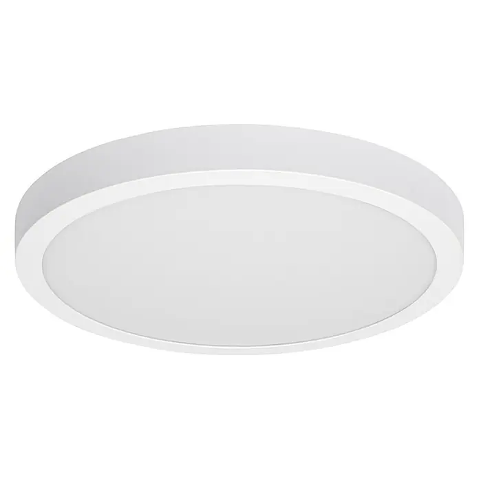 Ledvance Smart+ WiFi LED-Deckenleuchte - 22 W, Mehrfarbig, Durchmesser: 40 cm - Nahaufnahme einer runden, weißen LED-Deckenleuchte vor schwarzem Hintergrund. Moderne und minimalistische Beleuchtungslösung.