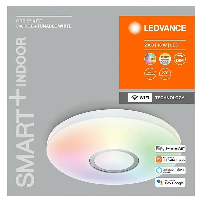 Ledvance LED-Deckenleuchte rund - 18 W, Ø x H: 34 x 8 cm, Weiß, RGBW - LEDVANCE ORBIS® KITE 340 RGB + Tunable White Smart+Indoor Deckenleuchte mit WiFi-Technologie, steuerbar per App oder Sprachassistent.