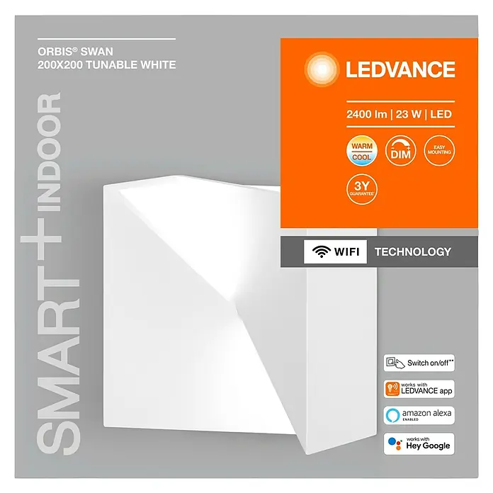 Ledvance Smart+ WiFi LED-Wandleuchte - 23 W, L x B x H: 20 x 20 x 11 cm, Weiß, Mehrfarbig - Abbildung der LEDVANCE ORBIS® SWAN 200X200 Tunable White Smart+ Indoor Leuchte, die warmweißes Licht bietet und mit Apps steuerbar ist.