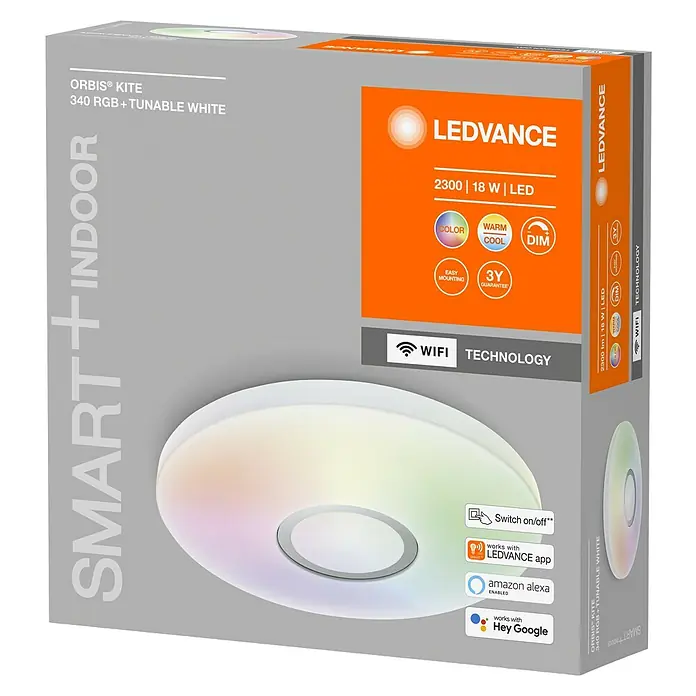 Ledvance LED-Deckenleuchte rund - 18 W, Ø x H: 34 x 8 cm, Weiß, RGBW - Verpackung der LEDVANCE ORBIS® KITE Smart+ Indoor-Leuchte mit 340 RGB + Tunable White Funktion, die per WLAN steuerbar ist.