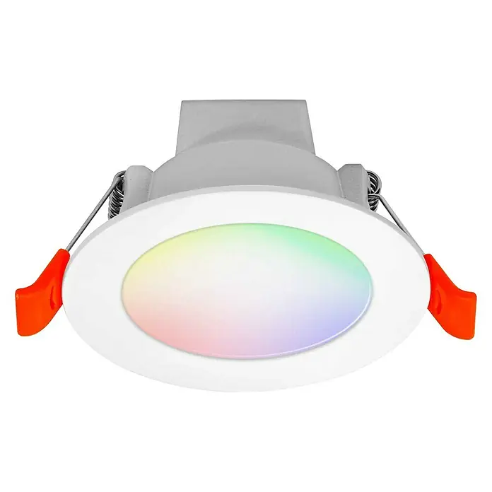 Ledvance LED-Einbauleuchte rund - 4,5 W, Ø x H: 8,6 x 4,8 cm, Mehrfarbig, Farbtemperatur: 2.700 K - 6.500 K, 100 ° - Nahaufnahme einer Smart LED Einbauleuchte mit mehreren Farben auf schwarzem Hintergrund für stimmungsvolle Beleuchtung.
