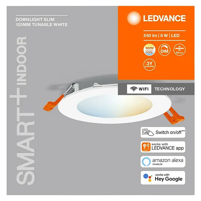 Ledvance LED-Einbauleuchte rund - 8 W, Ø x H: 12 x 2,4 cm, Warmweiß - LEDVANCE Smart+ Slim Downlight, 120mm, tunable white, 550 Lumen, 8W LED, WiFi-Technologie, kompatibel mit Apps und Sprachassistenten.