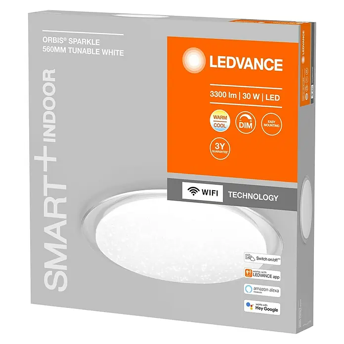 Ledvance LED-Deckenleuchte rund - 30 W, Ø x H: 56 x 7,6 cm, Weiß, Warmweiß - LEDVANCE ORBIS® Sparkle 560mm Tunable White Smart+ Indoor Leuchte mit 3300 Lumen, 30 Watt und LED Technologie für eine flexible Beleuchtung.