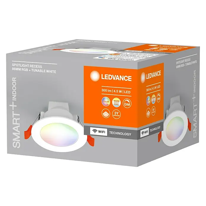 Ledvance LED-Einbauleuchte rund - 4,5 W, Ø x H: 8,6 x 4,8 cm, Mehrfarbig, Farbtemperatur: 2.700 K - 6.500 K, 100 ° - Ein LEDVANCE Smart+ Indoor Spotlight Recess, 86mm RGB + Tunable White, mit 300 lm und 4.5 W LED Leistung, präsentiert in seiner Verpackung.