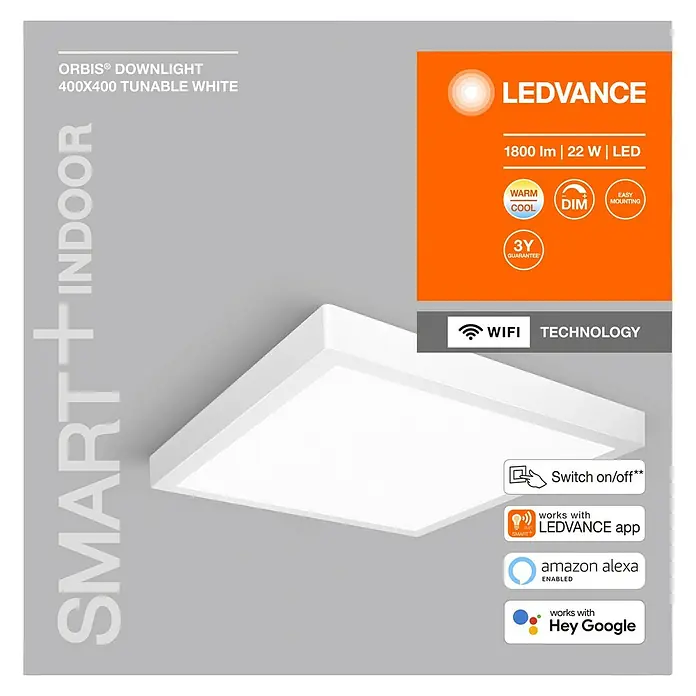 Ledvance LED-Deckenleuchte - 22 W, L x B x H: 40 x 40 x 3,7 cm, Mehrfarbig - Produktbild einer LEDVANCE ORBIS® Downlight 400x400 tunable white. Die smarte Innenleuchte bietet warmes und kühles Licht.