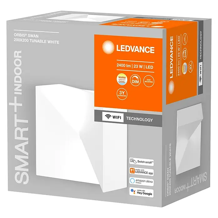 Ledvance Smart+ WiFi LED-Wandleuchte - 23 W, L x B x H: 20 x 20 x 11 cm, Weiß, Mehrfarbig - Produktverpackung der ORBIS® SWAN 200X200, einer intelligenten, dimmbaren LED-Innenleuchte mit 2400 lm und WiFi-Technologie.