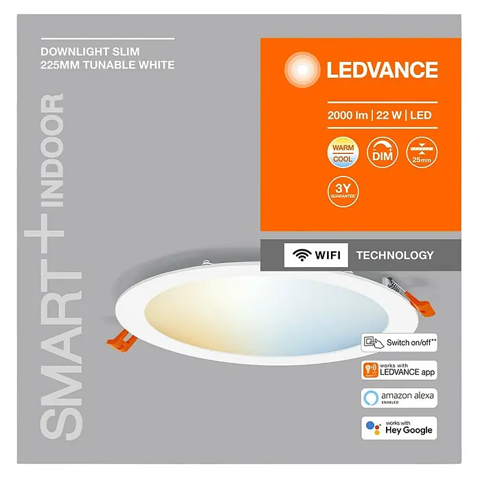 Ledvance LED-Einbauleuchte rund - 22 W, Ø x H: 22,5 x 2,5 cm, Mehrfarbig - LEDVANCE Slim Downlight mit 225mm Durchmesser, tunable white, 2000 Lumen, 22W LED, WiFi-Technologie und Steuerung per App/Sprache.