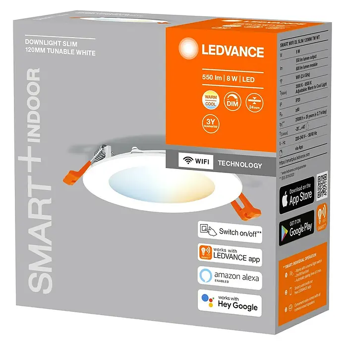 Ledvance LED-Einbauleuchte rund - 8 W, Ø x H: 12 x 2,4 cm, Warmweiß - Nahaufnahme der Verpackung einer LEDVANCE Smart WiFi DL Slim 120mm Tunable White Lampe mit Produktdetails und Logos.