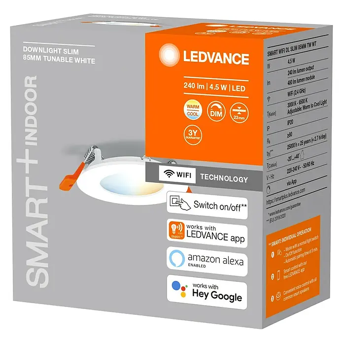 Osram LED-EinbauspotWarmweiß, Durchmesser: 8,5 cm, Weiß - Produktverpackung für LEDVANCE Smart WiFi LED-Downlight, schlankes Design, 85 mm, tunable white, kompatibel mit Apps und Sprachassistenten.