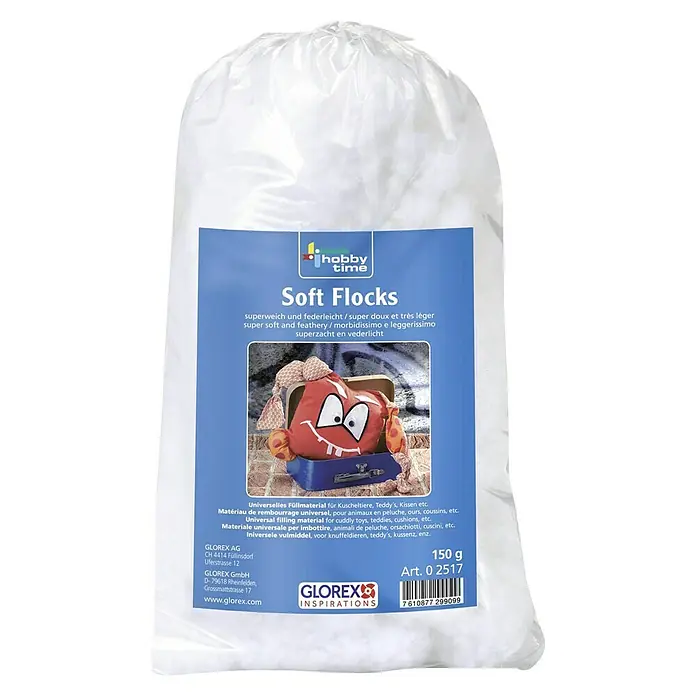 Glorex Hobby Time Füllmaterial Soft Flocks - Weiß, 150 g, Polyester - Eine Packung Glorex Soft Flocks Füllmaterial, ideal zum Füllen von Kuscheltieren, Teddys und Kissen. Superweich und federleicht.