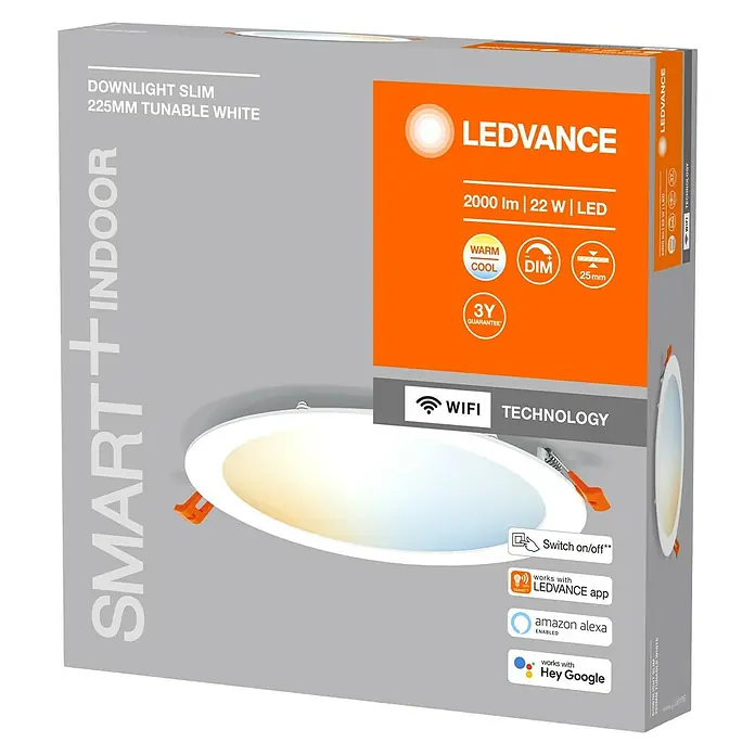 Ledvance LED-Einbauleuchte rund - 22 W, Ø x H: 22,5 x 2,5 cm, Mehrfarbig - Abbildung einer LEDVANCE Downlight Slim 225mm Tunable White Lampe in der Verpackung.