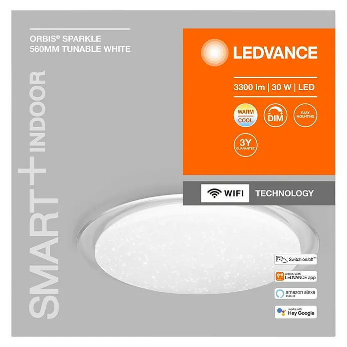 Ledvance LED-Deckenleuchte rund - 30 W, Ø x H: 56 x 7,6 cm, Weiß, Warmweiß - Abbildung einer LEDVANCE ORBIS® SPARKLE Deckenleuchte mit 560 mm Durchmesser und einstellbarer Farbtemperatur.