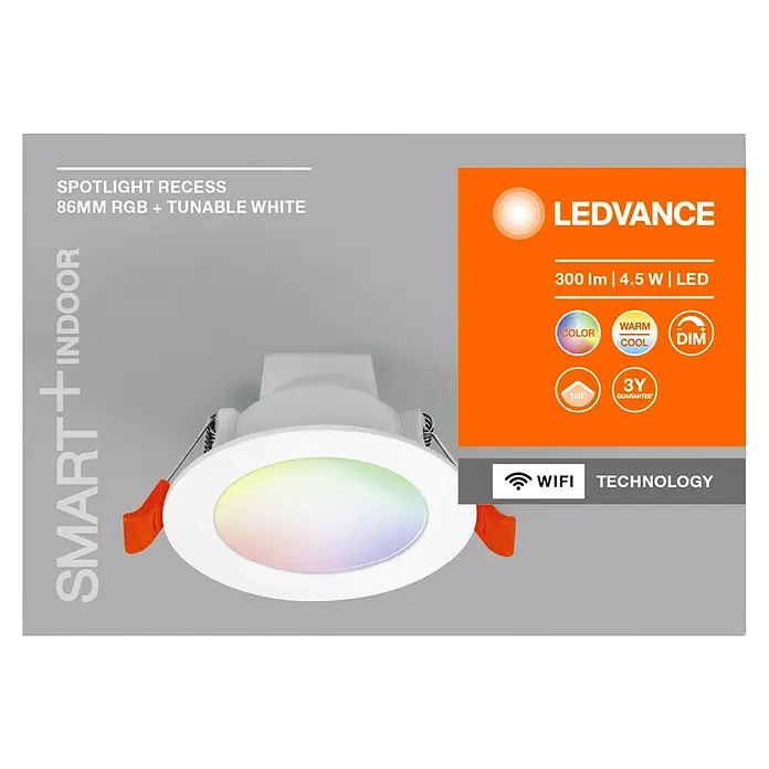 Ledvance LED-Einbauleuchte rund - 4,5 W, Ø x H: 8,6 x 4,8 cm, Mehrfarbig, Farbtemperatur: 2.700 K - 6.500 K, 100 ° - LEDVANCE Smart+ Indoor RGBW Einbaustrahler, 86mm. Intelligente Beleuchtung mit Farbwechsel und einstellbarem Weiß für Ihr Zuhause.