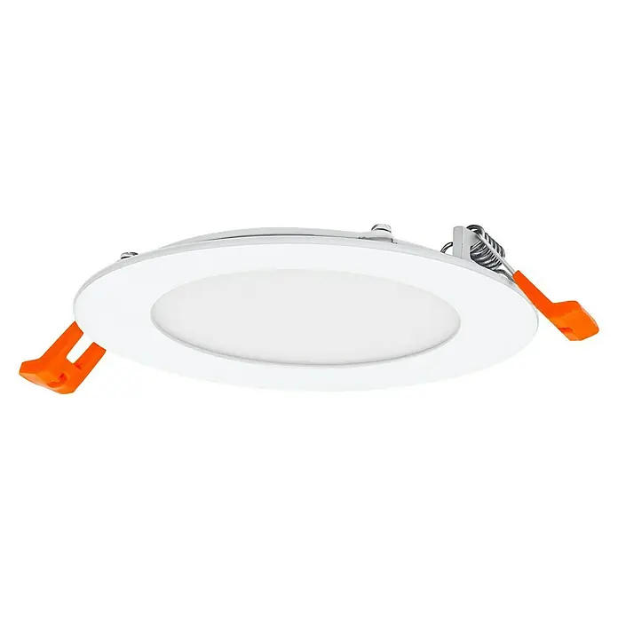 Ledvance LED-Einbauleuchte rund - 8 W, Ø x H: 12 x 2,4 cm, Warmweiß - LED-Deckenleuchte mit runder Form und weißer Oberfläche. Die Leuchte verfügt über orangefarbene Halteklammern zur einfachen Installation.