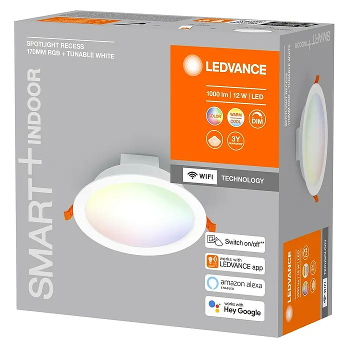 Ledvance LED-Einbauspot - 12 W, Mehrfarbig, Durchmesser: 17 cm, Weiß - Das Bild zeigt eine LEDVANCE Smart+ Indoor Spotlight Recess Lampe mit 170mm RGB + Tunable White Funktion in einer grauen Verpackung.