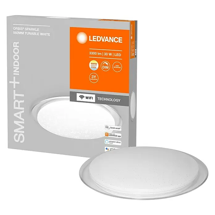 Ledvance LED-Deckenleuchte rund - 30 W, Ø x H: 56 x 7,6 cm, Weiß, Warmweiß - Produktbild der LEDVANCE ORBIS® SPARKLE 560MM, eine smarte, dimmbare LED-Deckenleuchte mit tunable White Funktion für den Innenbereich.