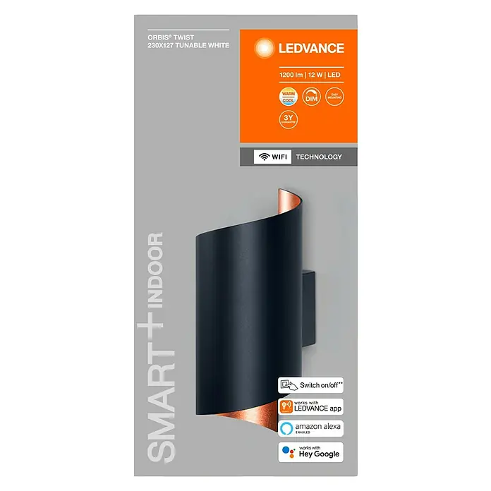 Ledvance Smart+ WiFi LED-Wandleuchte - 12 W, L x B x H: 12,7 x 9,5 x 23 cm, Schwarz, Warmweiß - Abbildung einer LEDVANCE ORBIS® TWIST Wandleuchte für den Innenbereich mit Tunable White Funktion, 230x127mm, Smart Home kompatibel.