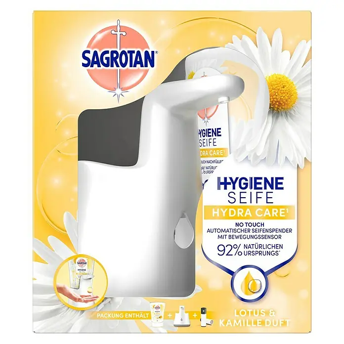 Sagrotan No-Touch Flüssigseife Starter-Set - 250 ml, 1 x Automatischer Seifenspender, 1 x Sagrotan No-Touch Flüssigseife, 2 x AA-Batterien, Lotus & Kamille - Produktbild von Sagrotan No-Touch Automatik-Seifenspender mit Lotus- und Kamille-Duft, der für hygienische Sauberkeit sorgt.